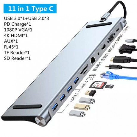 11 in 1 type c USB 3.0*1+USB 2.0*3 PD Charge*1 1080p vga*1 4k hdmi*1 aux*rj45*1 tf reader*1 sd reader*1