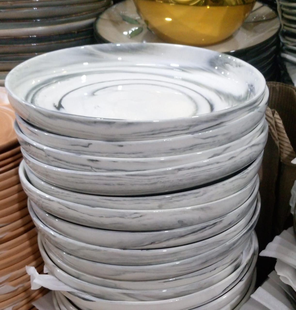 Grey And White Marble-Patterned Ceramic Plate 12Pcs